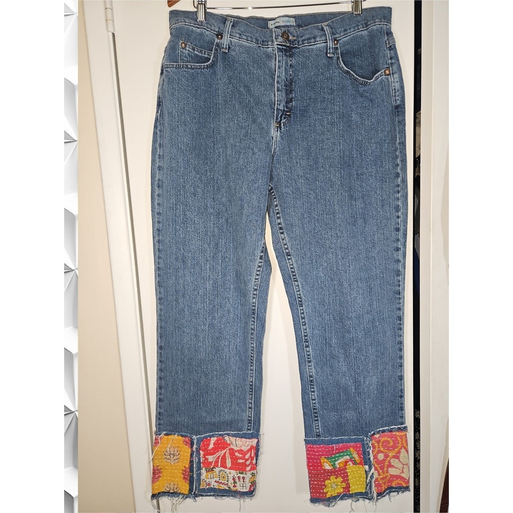 Riders by Lee Relaxed Fit Patchwork Kantha Cuff Jeans Blue 16P Boho Upcycled